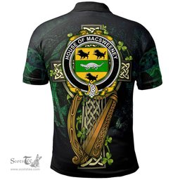 ScotsTee Shop Irish House of MACSWEENEY Irish Family Crest Polo Shirt - Ireland Shamrock with Celtic Cross A7