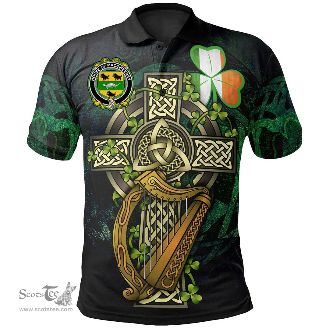 ScotsTee Shop Irish House of MACSWEENEY Irish Family Crest Polo Shirt - Ireland Shamrock with Celtic Cross A7