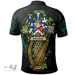 ScotsTee Shop Irish Holligan or O'Halligan Irish Family Crest Polo Shirt - Ireland Shamrock with Celtic Cross A7