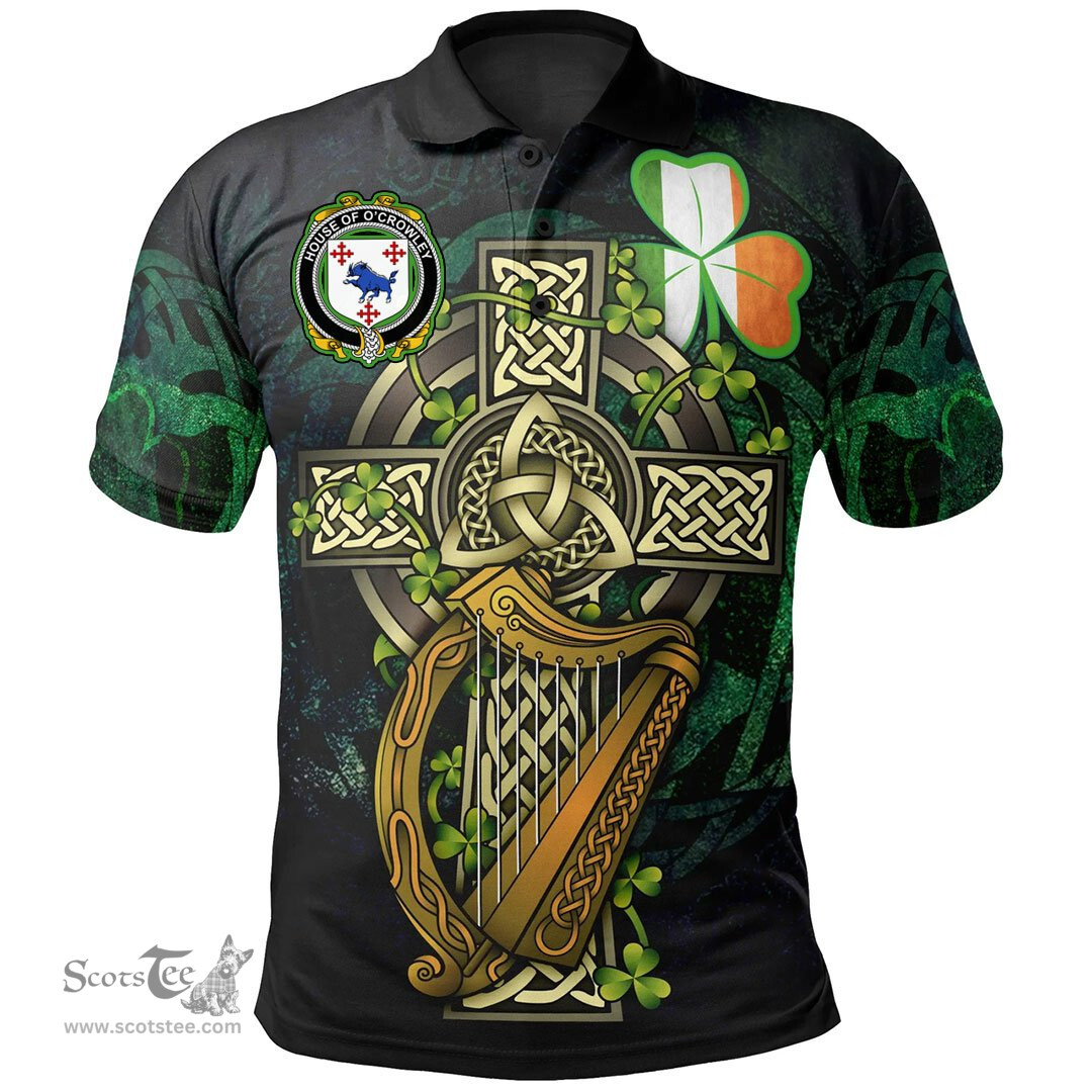 ScotsTee Shop Irish House of O'CROWLEY Irish Family Crest Polo Shirt - Ireland Shamrock with Celtic Cross A7