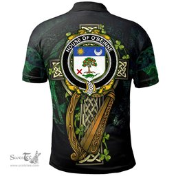 ScotsTee Shop Irish House of O'BEIRNE Irish Family Crest Polo Shirt - Ireland Shamrock with Celtic Cross A7