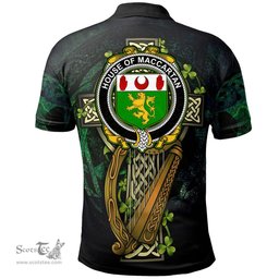ScotsTee Shop Irish House of MACCARTAN Irish Family Crest Polo Shirt - Ireland Shamrock with Celtic Cross A7