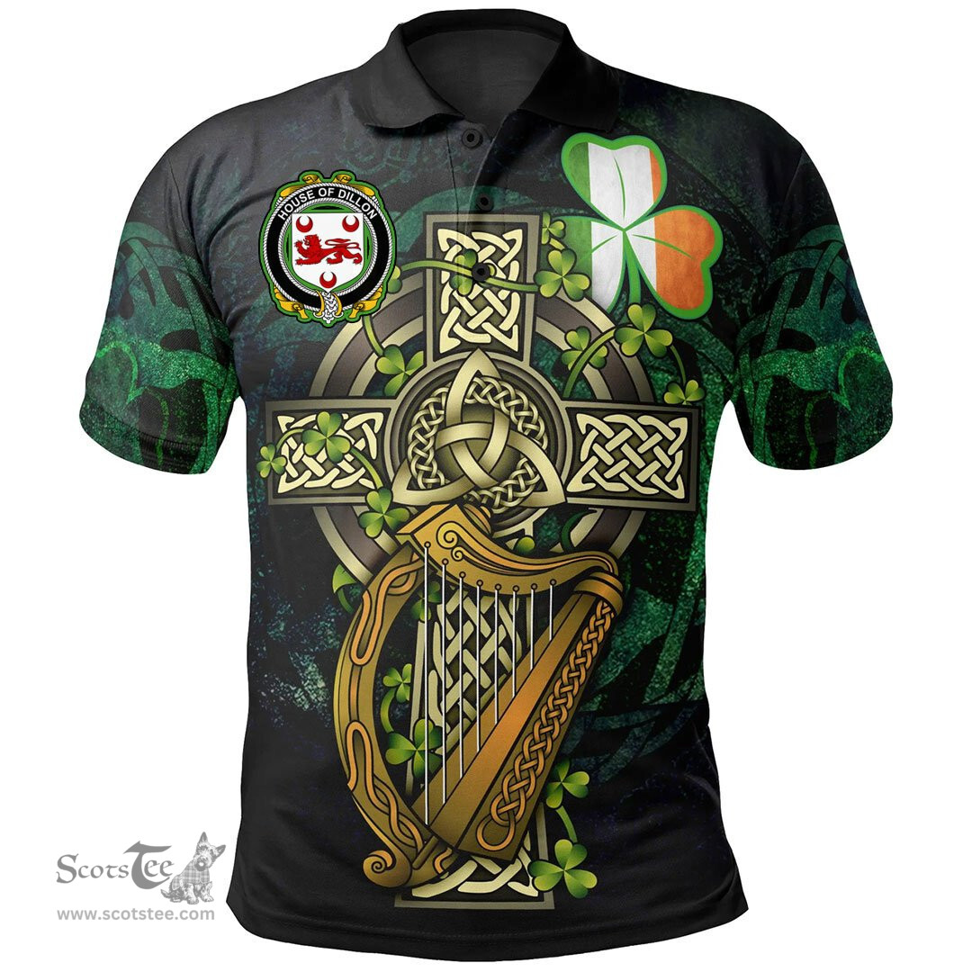 ScotsTee Shop Irish House of DILLON Irish Family Crest Polo Shirt - Ireland Shamrock with Celtic Cross A7