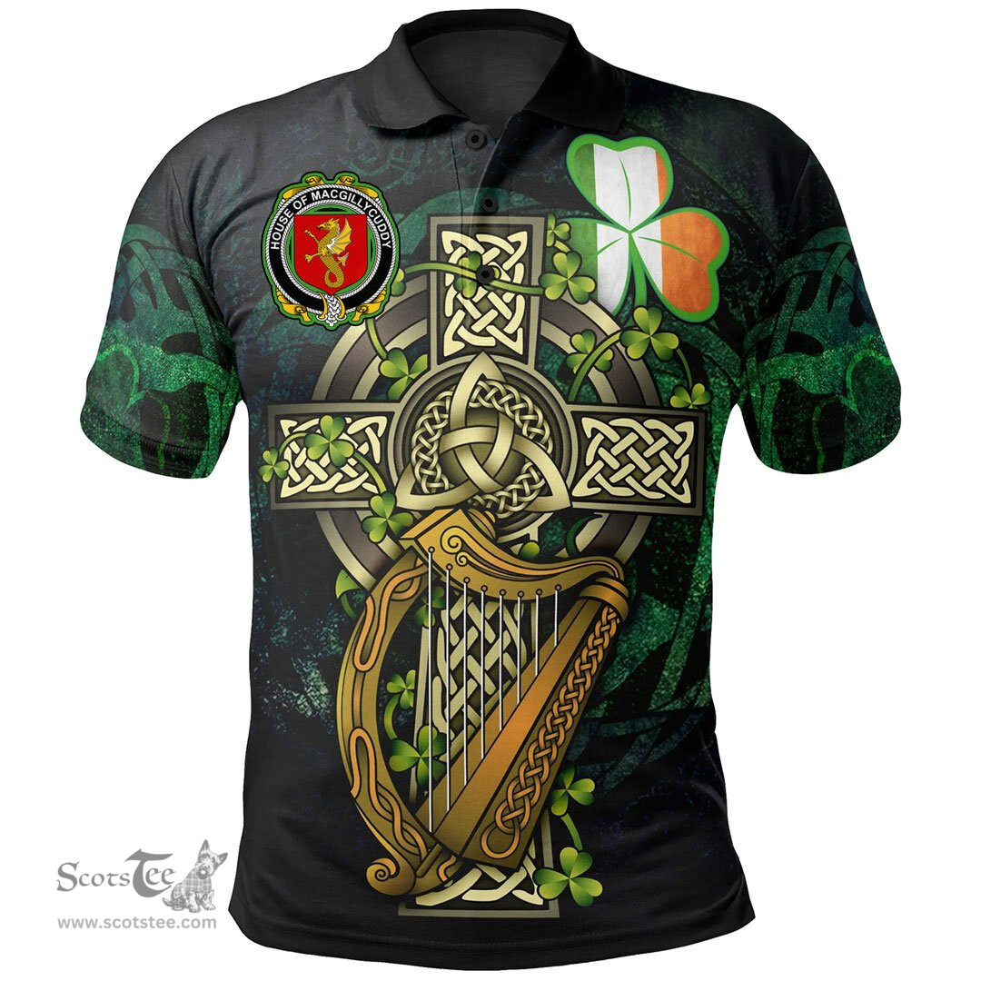 ScotsTee Shop Irish House of MACGILLYCUDDY Irish Family Crest Polo Shirt - Ireland Shamrock with Celtic Cross A7