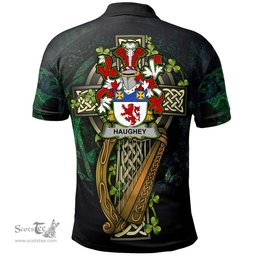 ScotsTee Shop Irish Haugher or O'Haffey Irish Family Crest Polo Shirt - Ireland Shamrock with Celtic Cross A7