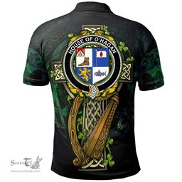 ScotsTee Shop Irish House of O'HAGAN Irish Family Crest Polo Shirt - Ireland Shamrock with Celtic Cross A7