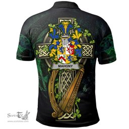 ScotsTee Shop Irish Mahony or O'Mahoney Irish Family Crest Polo Shirt - Ireland Shamrock with Celtic Cross A7