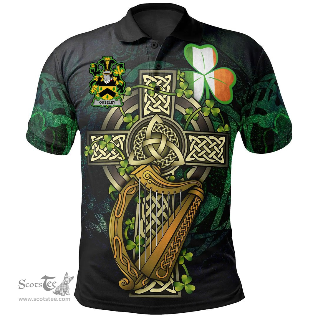 ScotsTee Shop Irish Ouseley Irish Family Crest Polo Shirt - Ireland Shamrock with Celtic Cross A7