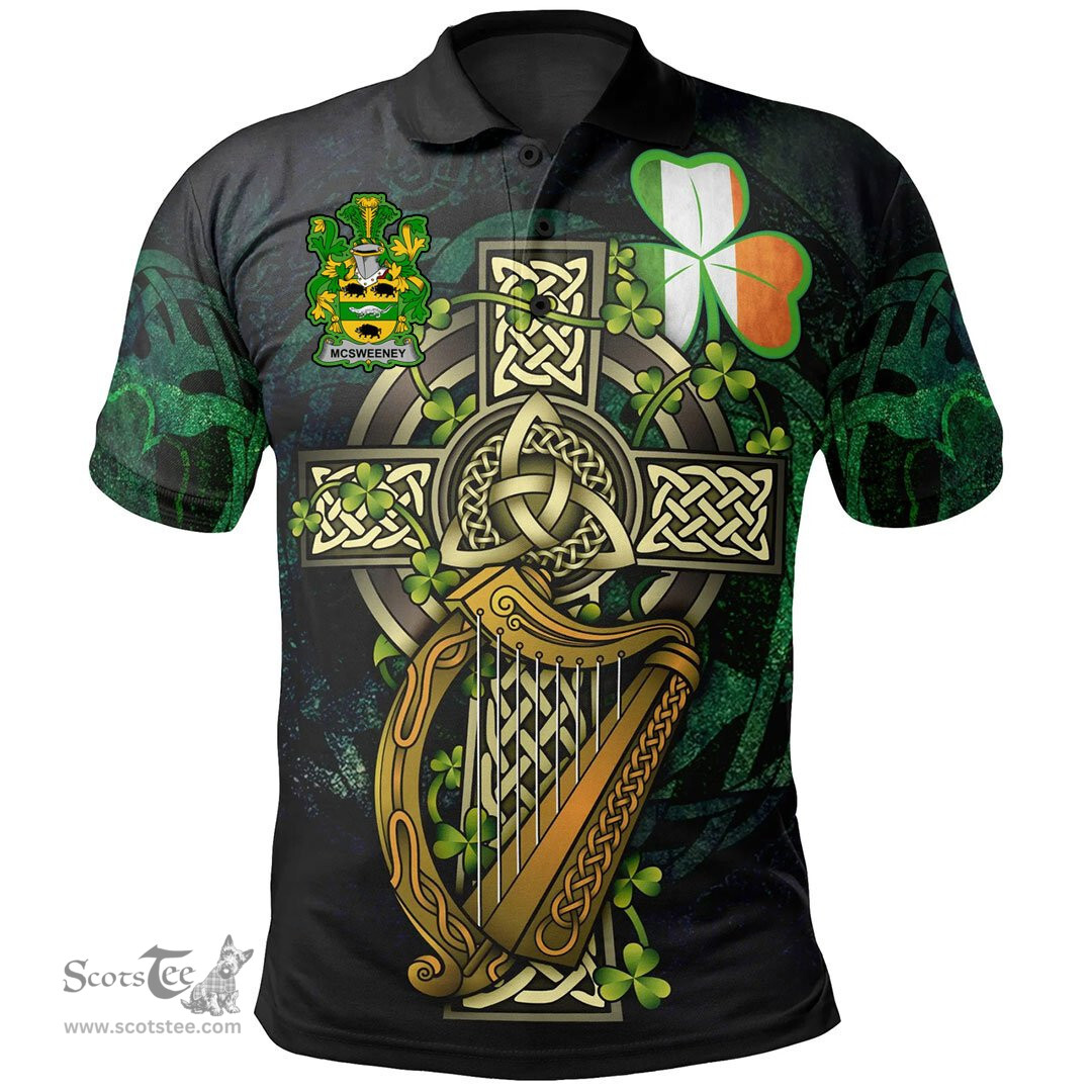 ScotsTee Shop Irish McSweeney Irish Family Crest Polo Shirt - Ireland Shamrock with Celtic Cross A7