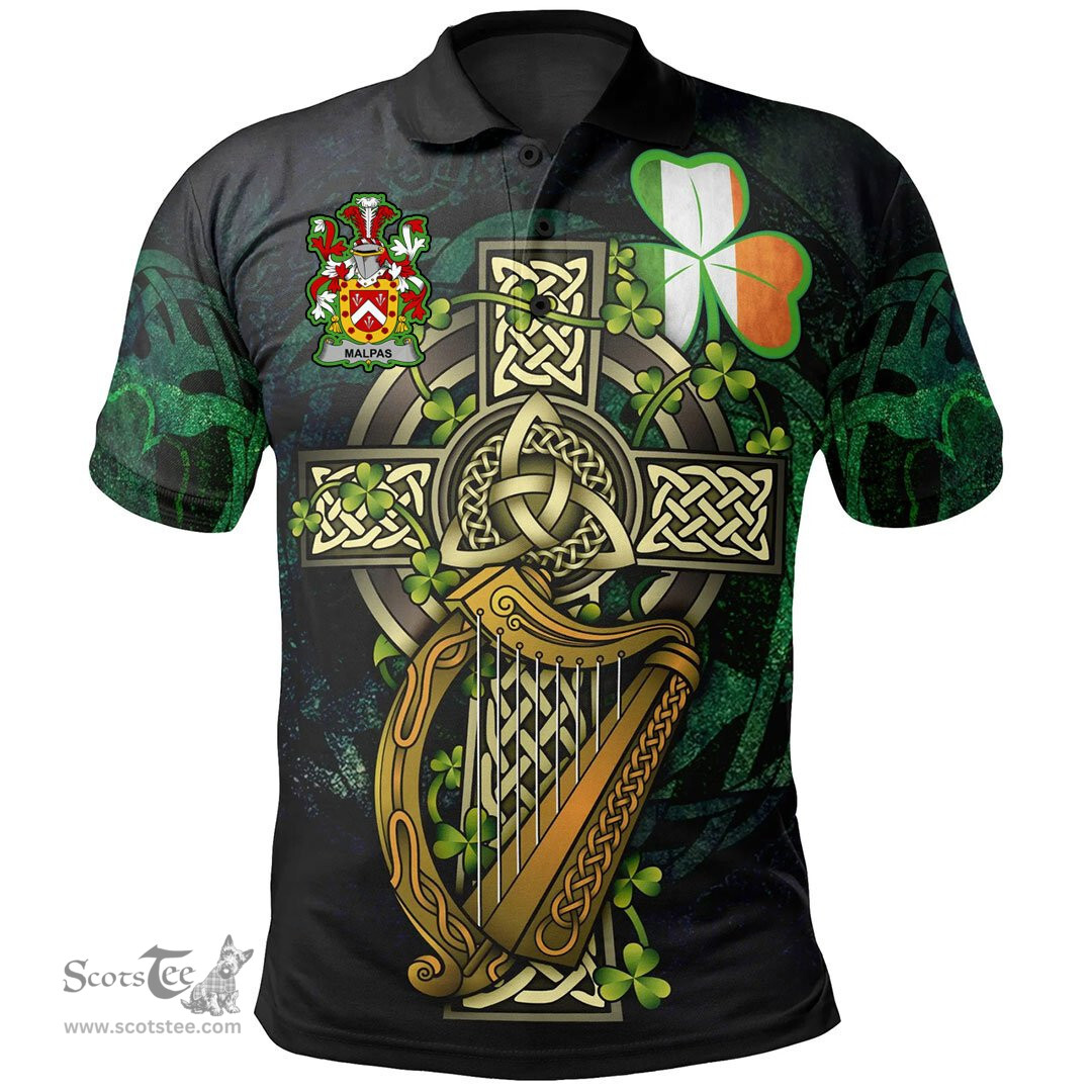 ScotsTee Shop Irish Malpas Irish Family Crest Polo Shirt - Ireland Shamrock with Celtic Cross A7