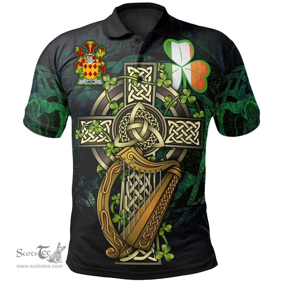 ScotsTee Shop Irish Lavin or O'Lavin Irish Family Crest Polo Shirt - Ireland Shamrock with Celtic Cross A7