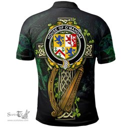 ScotsTee Shop Irish House of O'MAHONY Irish Family Crest Polo Shirt - Ireland Shamrock with Celtic Cross A7