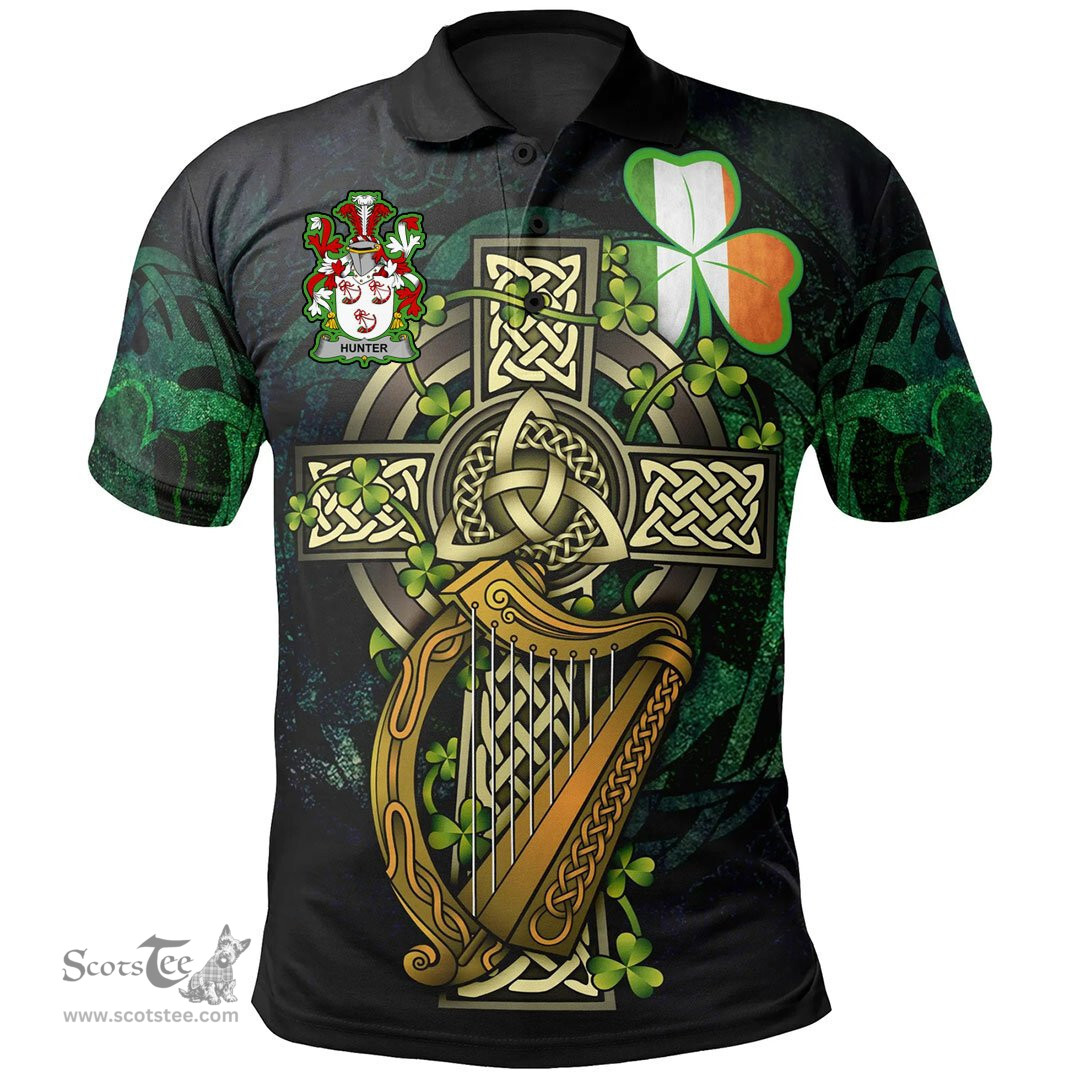 ScotsTee Shop Irish Hunter Irish Family Crest Polo Shirt - Ireland Shamrock with Celtic Cross A7