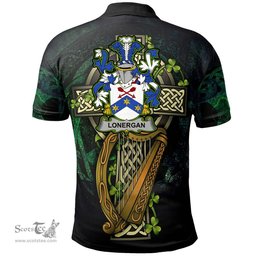 ScotsTee Shop Irish Lonergan or O'Lonergan Irish Family Crest Polo Shirt - Ireland Shamrock with Celtic Cross A7