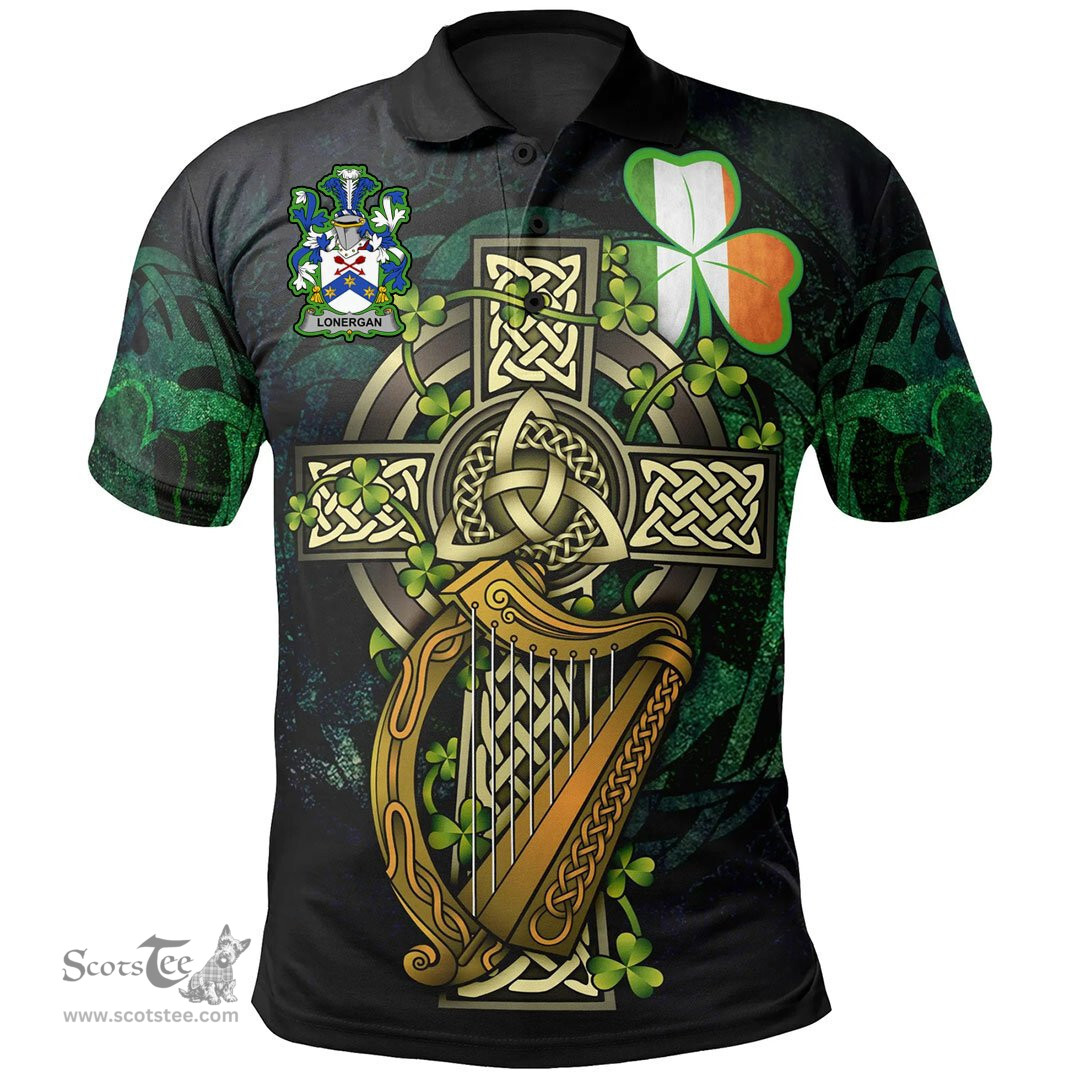 ScotsTee Shop Irish Lonergan or O'Lonergan Irish Family Crest Polo Shirt - Ireland Shamrock with Celtic Cross A7