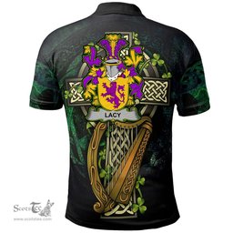 ScotsTee Shop Irish Lacy or De Lacy Irish Family Crest Polo Shirt - Ireland Shamrock with Celtic Cross A7
