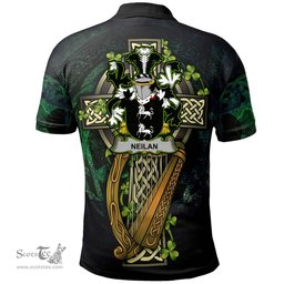 ScotsTee Shop Irish Neilan or O'Neylan Irish Family Crest Polo Shirt - Ireland Shamrock with Celtic Cross A7