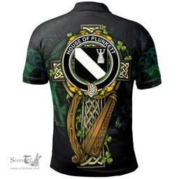 ScotsTee Shop Irish House of PLUNKETT Irish Family Crest Polo Shirt - Ireland Shamrock with Celtic Cross A7