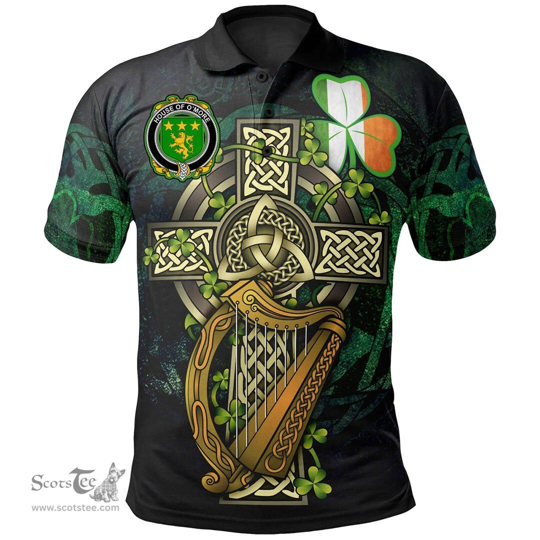 ScotsTee Shop Irish House of O'MORE Irish Family Crest Polo Shirt - Ireland Shamrock with Celtic Cross A7