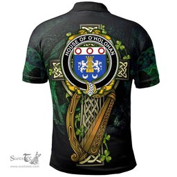 ScotsTee Shop Irish House of O'HOLOHAN Irish Family Crest Polo Shirt - Ireland Shamrock with Celtic Cross A7