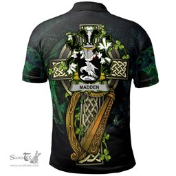 ScotsTee Shop Irish Madden or O'Madden Irish Family Crest Polo Shirt - Ireland Shamrock with Celtic Cross A7