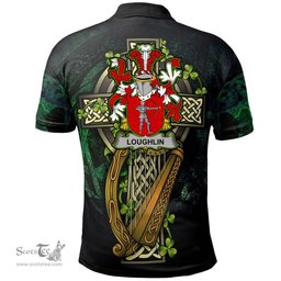 ScotsTee Shop Irish Loughlin or O'Loughlin Irish Family Crest Polo Shirt - Ireland Shamrock with Celtic Cross A7
