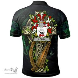 ScotsTee Shop Irish Leary or O'Leary Irish Family Crest Polo Shirt - Ireland Shamrock with Celtic Cross A7