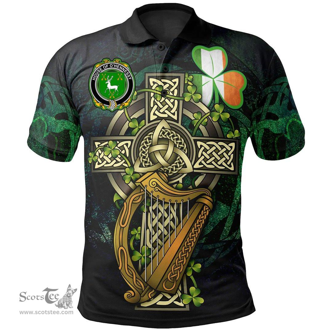 ScotsTee Shop Irish House of O'HENNESSY Irish Family Crest Polo Shirt - Ireland Shamrock with Celtic Cross A7
