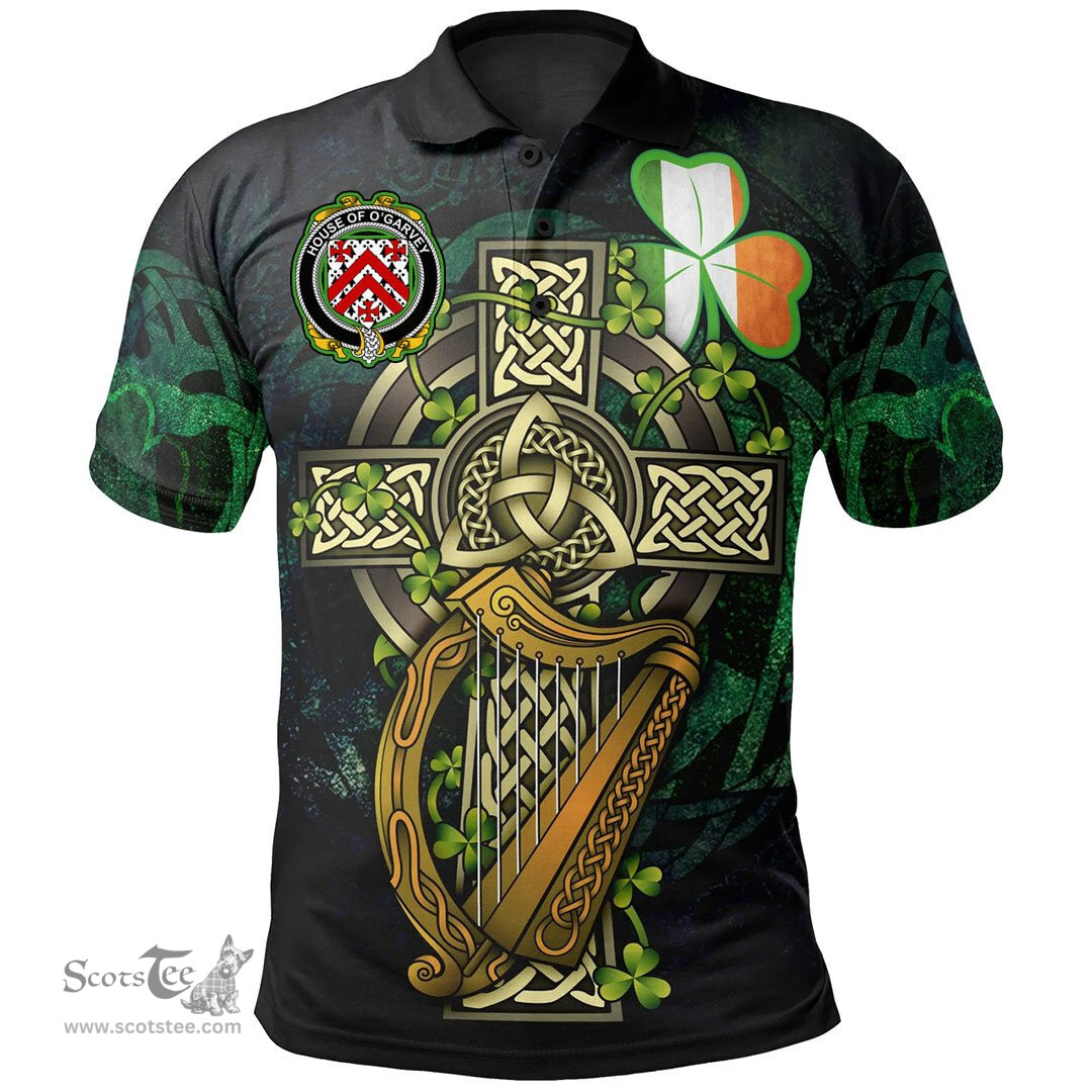 ScotsTee Shop Irish House of O'GARVEY Irish Family Crest Polo Shirt - Ireland Shamrock with Celtic Cross A7