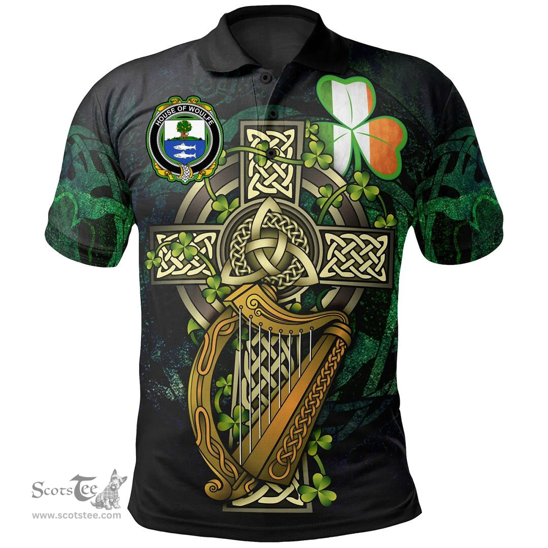 ScotsTee Shop Irish House of WOULFE Irish Family Crest Polo Shirt - Ireland Shamrock with Celtic Cross A7