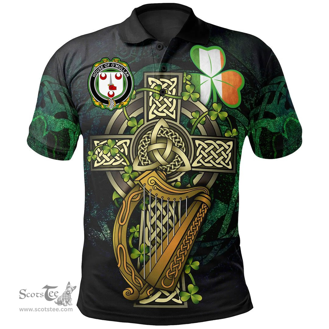 ScotsTee Shop Irish House of O'MULLAN Irish Family Crest Polo Shirt - Ireland Shamrock with Celtic Cross A7