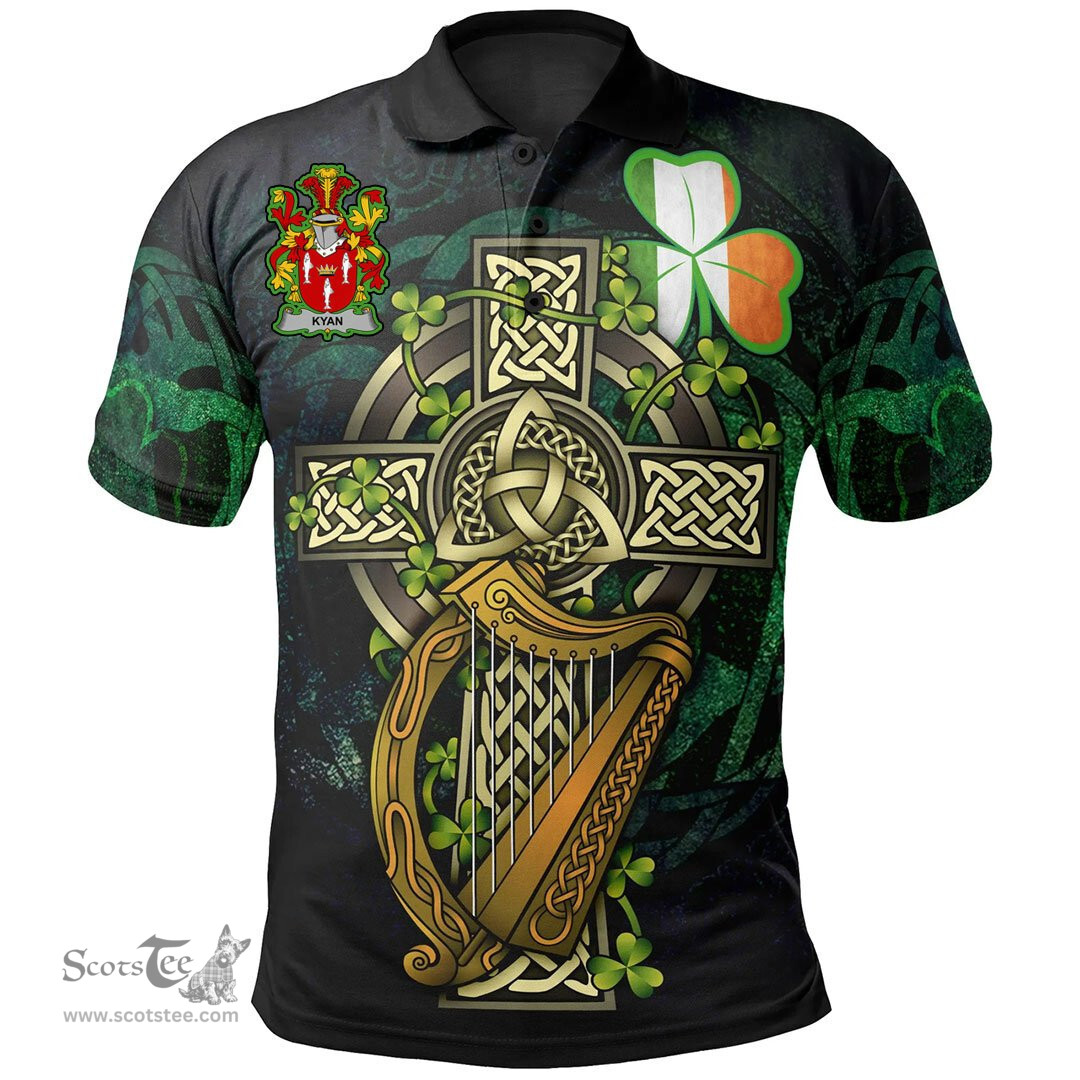 ScotsTee Shop Irish Kyan or O'Kyan Irish Family Crest Polo Shirt - Ireland Shamrock with Celtic Cross A7