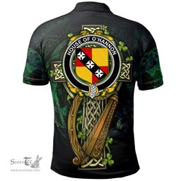 ScotsTee Shop Irish House of O'HANNON Irish Family Crest Polo Shirt - Ireland Shamrock with Celtic Cross A7