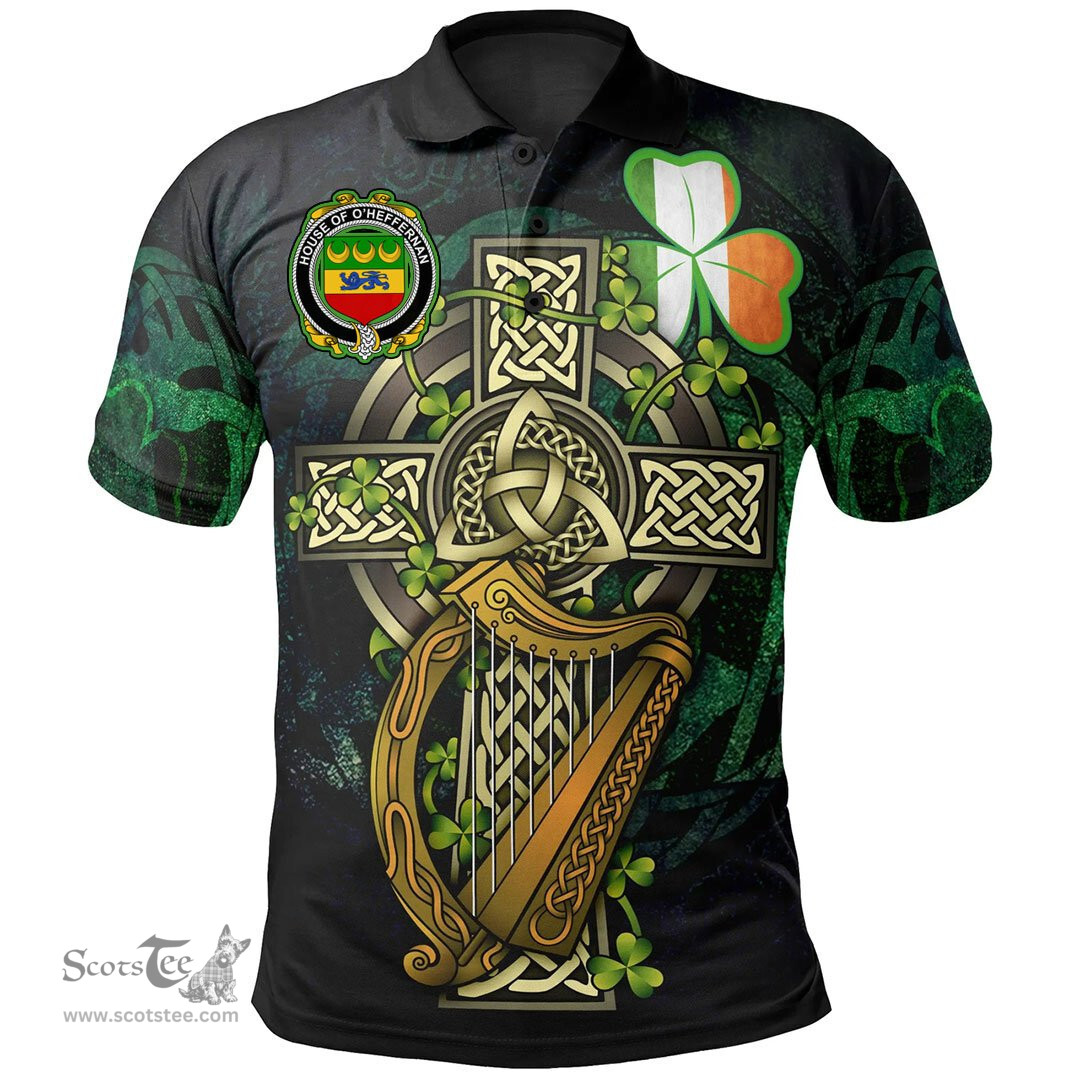 ScotsTee Shop Irish House of O'HEFFERNAN Irish Family Crest Polo Shirt - Ireland Shamrock with Celtic Cross A7