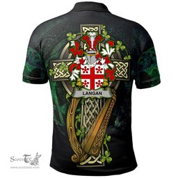 ScotsTee Shop Irish Langan or O'Longan Irish Family Crest Polo Shirt - Ireland Shamrock with Celtic Cross A7