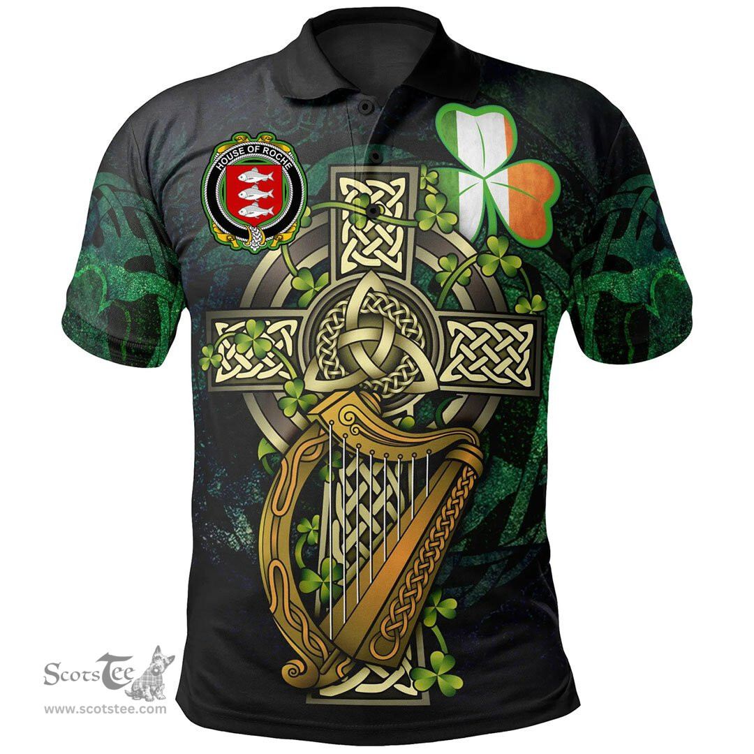 ScotsTee Shop Irish House of ROCHE Irish Family Crest Polo Shirt - Ireland Shamrock with Celtic Cross A7