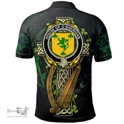 ScotsTee Shop Irish House of O'SHERIDAN Irish Family Crest Polo Shirt - Ireland Shamrock with Celtic Cross A7