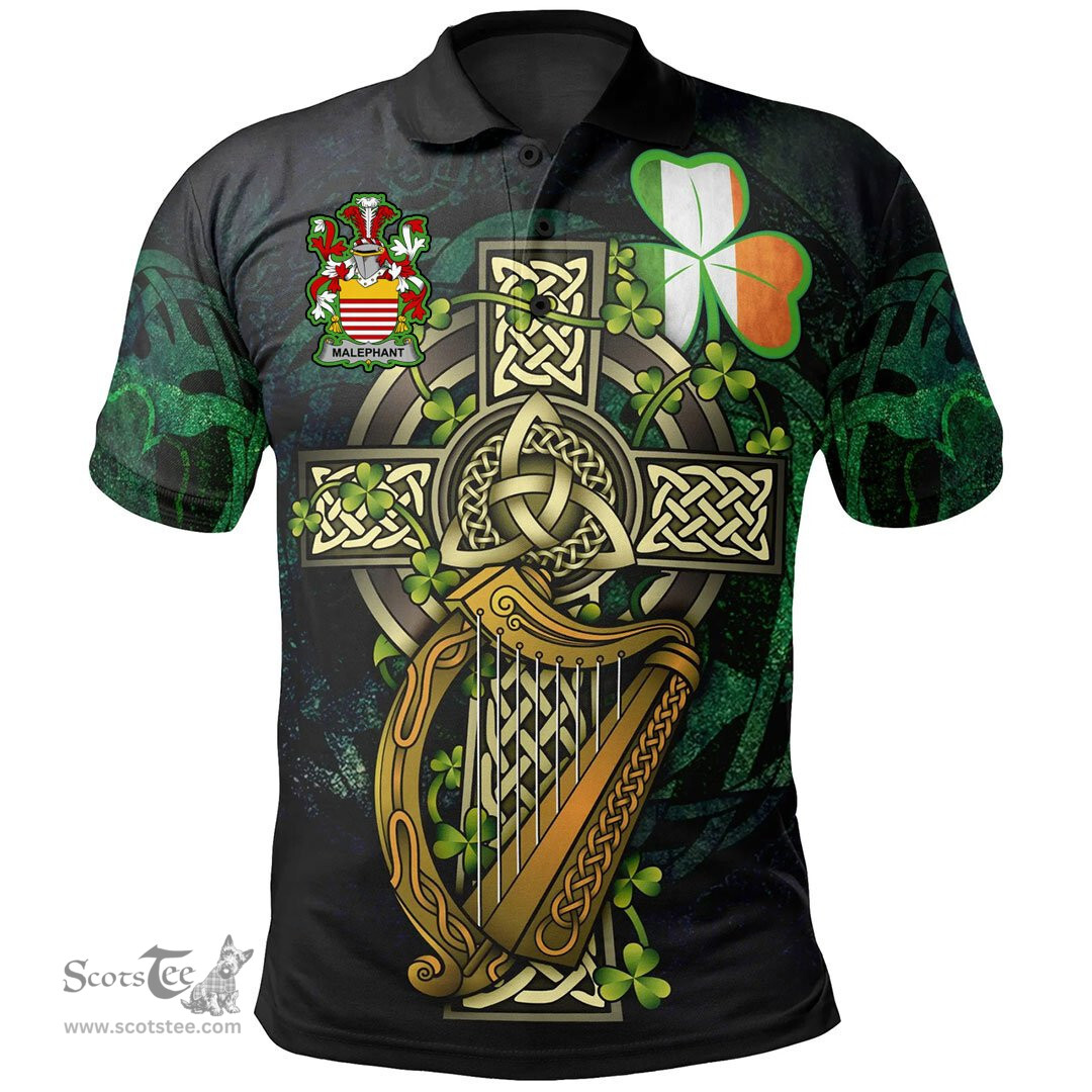 ScotsTee Shop Irish Malaphant Irish Family Crest Polo Shirt - Ireland Shamrock with Celtic Cross A7