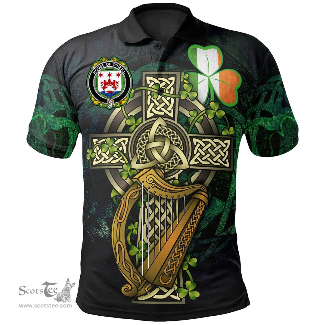 ScotsTee Shop Irish House of O'NEILL Irish Family Crest Polo Shirt - Ireland Shamrock with Celtic Cross A7
