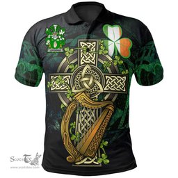 ScotsTee Shop Irish Loughnan or O'Loughnan Irish Family Crest Polo Shirt - Ireland Shamrock with Celtic Cross A7