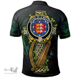 ScotsTee Shop Irish House of O'MEARA Irish Family Crest Polo Shirt - Ireland Shamrock with Celtic Cross A7