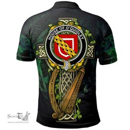 ScotsTee Shop Irish House of O'QUIGLEY Irish Family Crest Polo Shirt - Ireland Shamrock with Celtic Cross A7