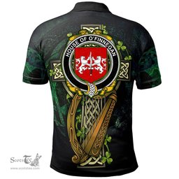 ScotsTee Shop Irish House of O'FINNEGAN Irish Family Crest Polo Shirt - Ireland Shamrock with Celtic Cross A7