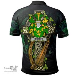 ScotsTee Shop Irish Keefe or O'Keefe Irish Family Crest Polo Shirt - Ireland Shamrock with Celtic Cross A7