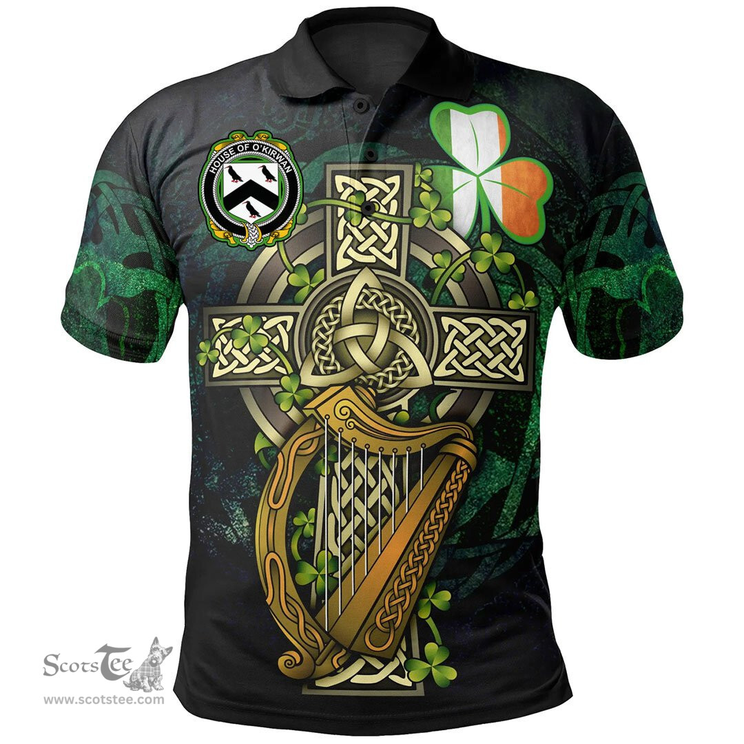 ScotsTee Shop Irish House of O'KIRWAN Irish Family Crest Polo Shirt - Ireland Shamrock with Celtic Cross A7