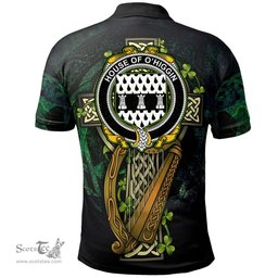 ScotsTee Shop Irish House of O'HIGGIN Irish Family Crest Polo Shirt - Ireland Shamrock with Celtic Cross A7