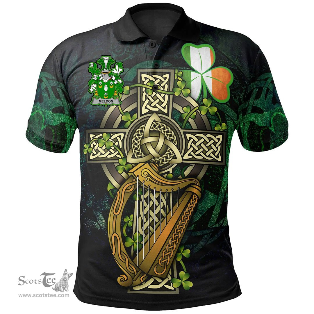 ScotsTee Shop Irish Meldon or Muldoon Irish Family Crest Polo Shirt - Ireland Shamrock with Celtic Cross A7
