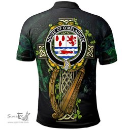 ScotsTee Shop Irish House of O'MELAGHLIN Irish Family Crest Polo Shirt - Ireland Shamrock with Celtic Cross A7