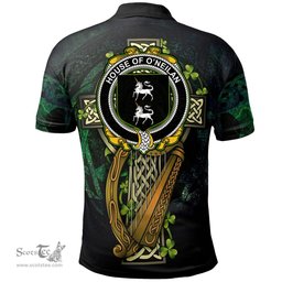 ScotsTee Shop Irish House of O'NEILAN Irish Family Crest Polo Shirt - Ireland Shamrock with Celtic Cross A7