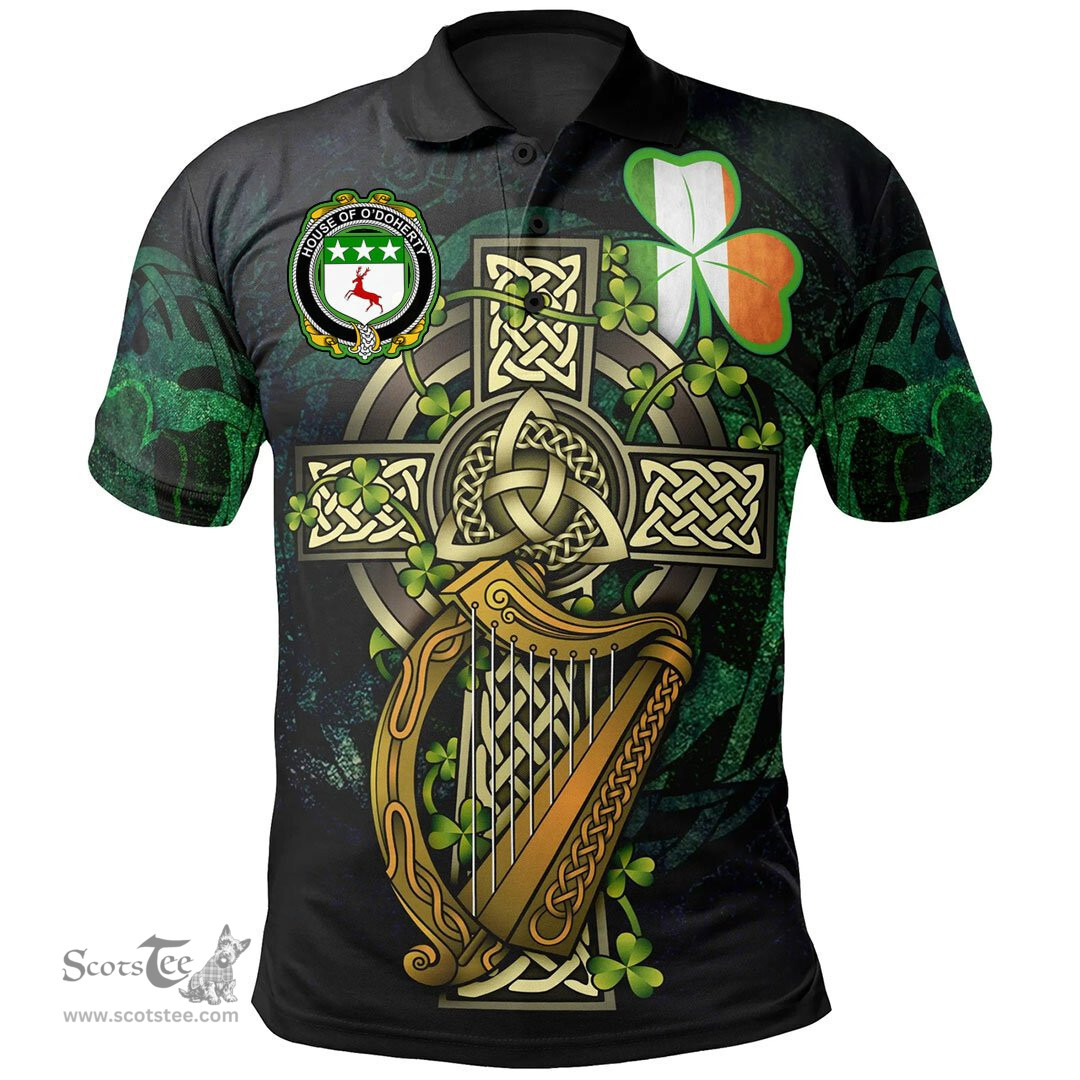 ScotsTee Shop Irish House of O'DOHERTY Irish Family Crest Polo Shirt - Ireland Shamrock with Celtic Cross A7